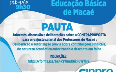 Assembleia dos professores de Macaé no próximo dia 12, vai deliberar contrapropostas para o reajuste salarial